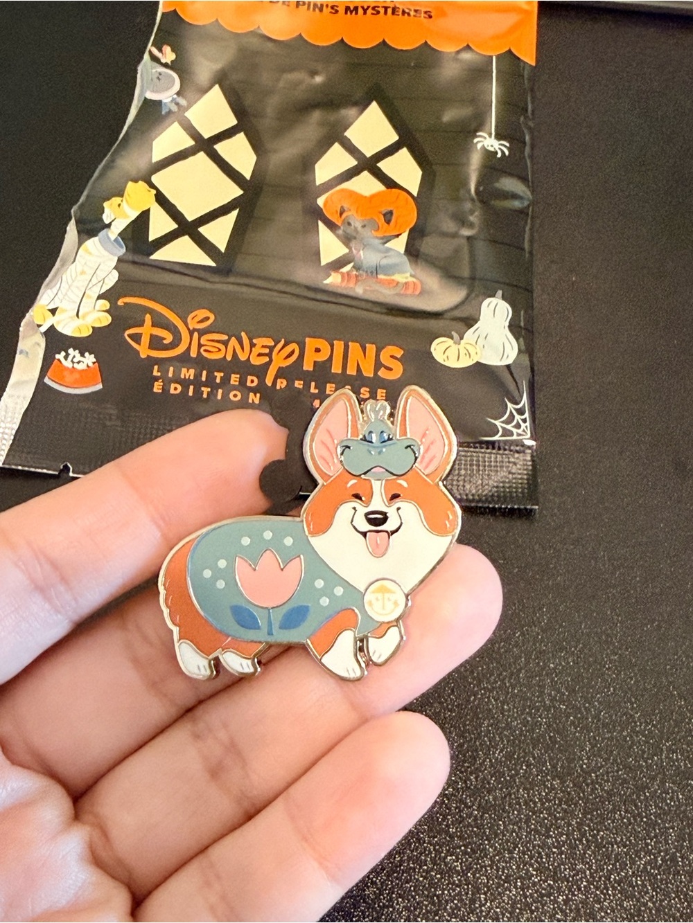 Halloween small world corgi pin